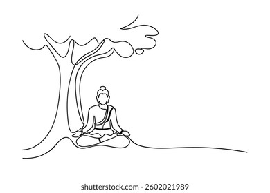 Singlewide drawing depicts Buddha in a meditative pose under a tree. Simple, elegant, and peaceful, showcasing spiritual serenity.