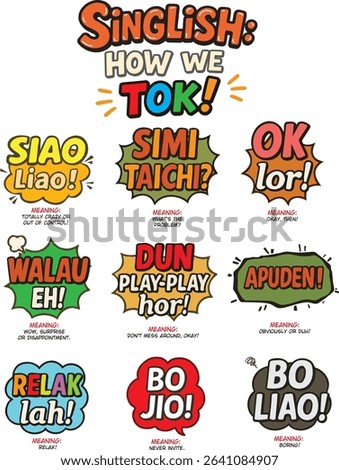 Singlish is a vibrant blend of English and local languages like Malay, Hokkien, Cantonese, Mandarin, and Tamil, reflecting Singapore's diverse culture in a unique and expressive way.