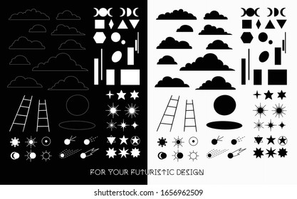 Sings astrology astronomy symbols, vector isolated icons. Cloudy, stars, pictograms, ladder shapes Big galaxy set in line art black and white color geometric set Clipping mask  Scrapbooking knives