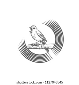 Sings and chirps bird, sits on circular and round branch, logo template. Animals and wildlife, vector design. Nature illustration.