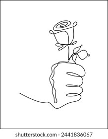 A Singular Stroke Unfolds a Bouquet of Roses in Hand, Captured in Continuous Line Drawing. This Vector Illustration Radiates Minimalistic Charm, Perfect for Romantic Designs. Each Petal, Each Curve, F