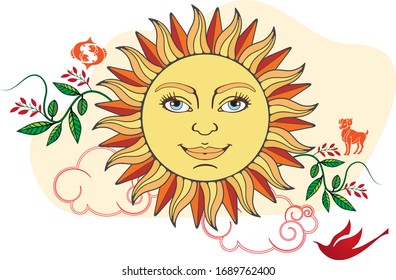 Sinhala Hindu New Year Vector Icon | Awrudu with Sun, Erabadhu Flowers, Koha and Astrology Signs