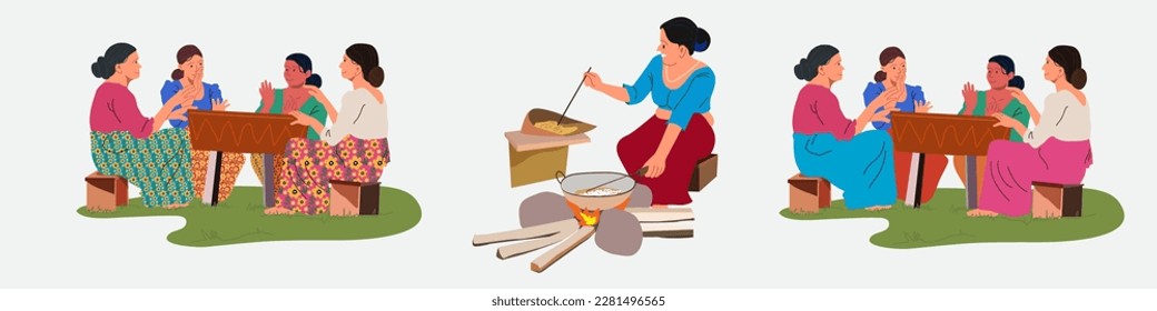 Sinhala new year games or activities. women with redda and hettaya. flat illustration cartoon. sri Lanka traditional  dress, vector ,raban gasima, kokis making 