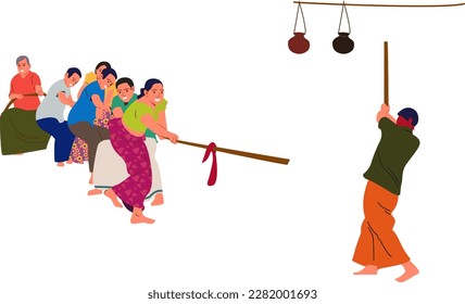 Sinhala new year games or activities. women with redda and hettaya. flat illustration cartoon. sri Lanka traditional  dress, vector ,kabha adima, kana mutti bidima