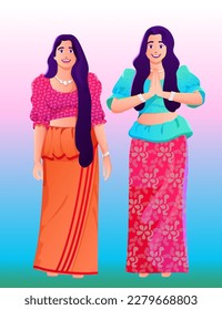 Sinhala new year greetings young lady. Girls with redda and hettaya. cartoon. sri Lanka traditional  dress, vector illustration  