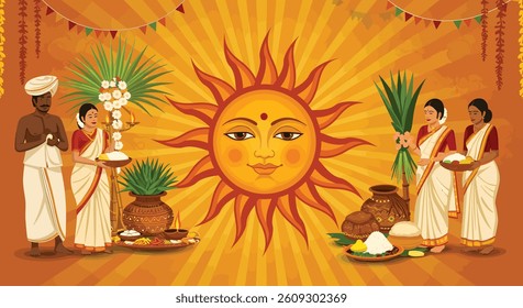 Sinhala and Tamil New Year Celebration – Stylized Sun with Cultural Symbols, Traditional Festive Elements, and Vibrant Folk Art Illustration
