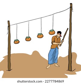 sinhala tamil new year game man pointed a stick with blind eyes hanging pots EPS 10