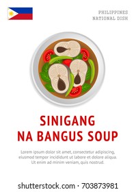 Sinigang na bangus soup. National filipino dish. View from above. Vector flat illustration.