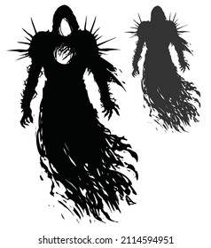 A sinister black silhouette of a hooded flying spirit in spiked armor with a round hole in his chest hovers in the air, his clawed fingers tense and a ragged cloak flutters in the wind. 2d art