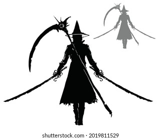 A sinister black silhouette of a warrior with two rusty jagged sabers and a scythe on his back is slowly walking forward, a pointed hat on his head, he is wearing a long coat and boots. 2d art
