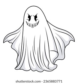 Sinister black-and-white Halloween ghost with a wicked smile. Spooky holiday character. Isolated vector illustration