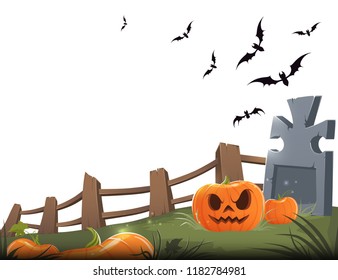 Sinister carved pumpkin with a grave, wooden fence and bats on a white background. Vector illustration