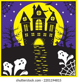 Sinister castle with Halloween cemetery, vector illustration stencil