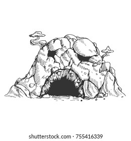 Sinister cave in hand drawn vintage style. Sketch vector illustration isolated on white background.