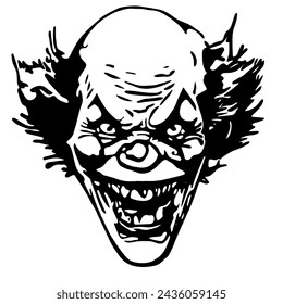 Sinister clown face illustration.  Black silhouette.