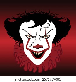 A sinister clown with a ghostly white face, red face markings,yellow teeth,stitched scars and eerie yellow eyes that emphasize the ominous expression. isolated on gradient background.