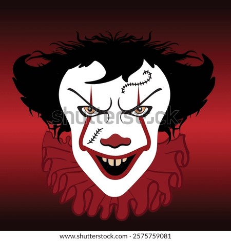 A sinister clown with a ghostly white face, red face markings,yellow teeth,stitched scars and eerie yellow eyes that emphasize the ominous expression. isolated on gradient background.