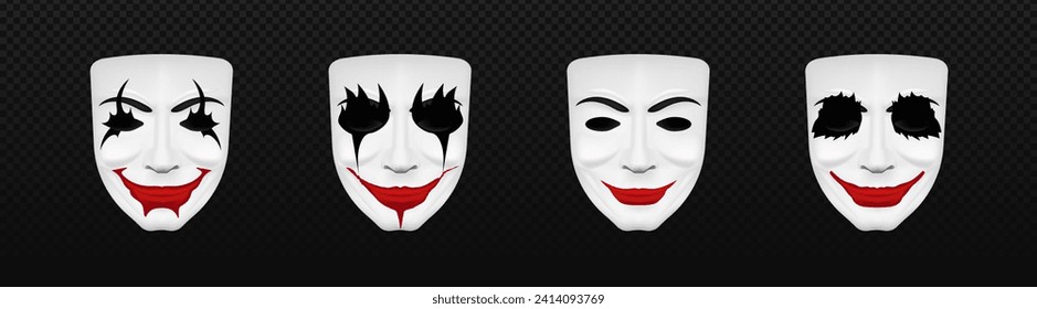 Sinister clown mask template. Scary joker face mask with crazy smile and creepy black eyes for halloween and scary vector design