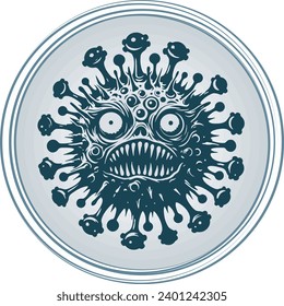 Sinister and crafty virus monster depicted in a monochrome vector abstraction