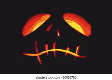 sinister face carved into a pumpkin and illuminated from the inside