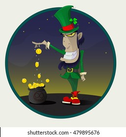 Sinister and fun cartoon Irish leprechaun with gold. Greeting card template of St. Patrick day. Vector