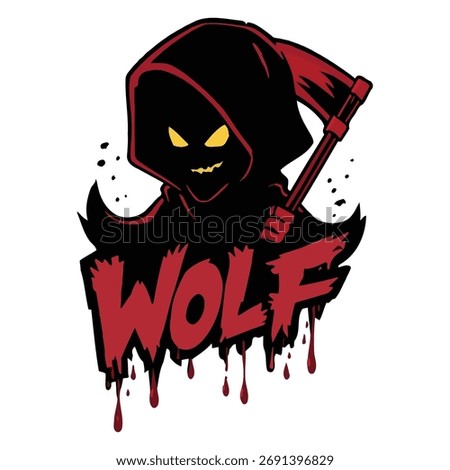 A sinister Grim Reaper mascot figure with a hood and glowing eyes holding an axe. The design is over the blood dripping word WOLF perfect for a gaming logo or spooky apparel.