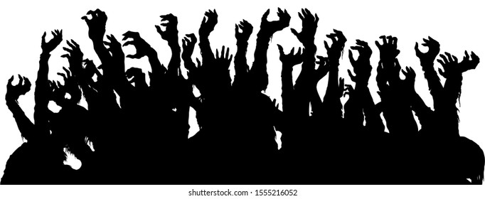 A sinister group of zombie extending hands like a crowd on a gig