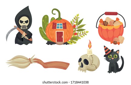 Sinister Halloween Holiday Symbols with Broom and Skull Vector Set