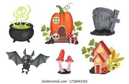Sinister Halloween Holiday Symbols with Cauldron and Gravestone Vector Set