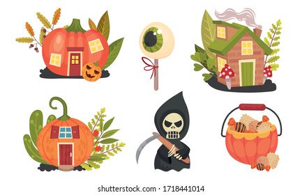 Sinister Halloween Holiday Symbols with Pumpkin House and Candies Vector Set