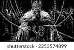 sinister king of the undead clutching chains in his hands with which he holds the souls of his subordinates in captivity, the zombie servants, a sword in his hand, and hole in his chest 2d sketch art