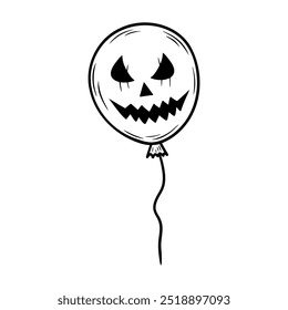 Sinister laughing Halloween balloon illustration in line art style. Graphic monochrome drawing. Hand drawn outline sketch, engraved doodle illustration. For coloring book, invitation, decoration.