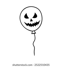 Sinister laughing Halloween balloon illustration in line art style. Graphic monochrome drawing. Hand drawn outline sketch, engraved doodle illustration. For coloring book, invitation, decoration.