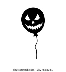 Sinister laughing Halloween balloon silhouette illustration. Graphic monochrome drawing. Hand drawn outline sketch, engraved illustration. For invitation, decoration, banner, poster, print.