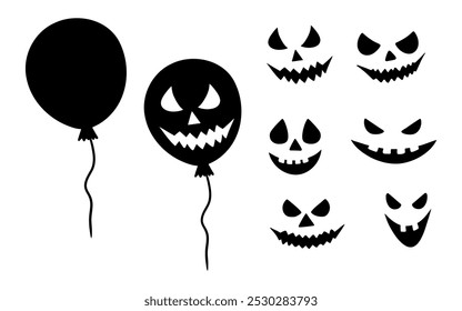 Sinister laughing Halloween balloon silhouette illustrations with different faces. Graphic monochrome drawing. Hand drawn outline illustration. For invitation, decoration, banner, poster, print.