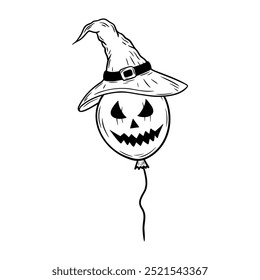 Sinister laughing Halloween balloon wearing a witch hat, line art illustration. Graphic monochrome drawing. Hand drawn outline sketch, engraved doodle illustration. For coloring book, invitation.