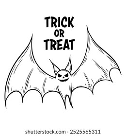 Sinister laughing Halloween bat illustration in line art style and Trick or Treat text. Graphic monochrome drawing. Hand drawn outline sketch, engraved doodle illustration. For coloring, invitation