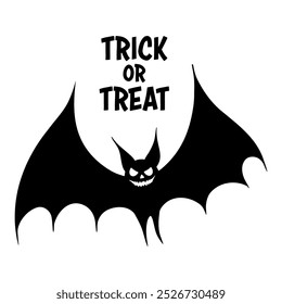 Sinister laughing Halloween bat silhouette illustration and Trick or Treat text. Graphic monochrome drawing. Hand drawn outline sketch, engraved doodle illustration. For Halloween party invitation