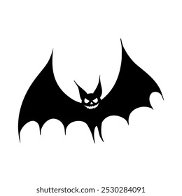 Sinister laughing Halloween bat silhouette illustration. Graphic monochrome drawing. Hand drawn outline sketch, engraved illustration. For Halloween party invitation, poster, banner, print, sticker.