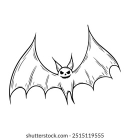 Sinister laughing Halloween flying bat illustration in line art style. Graphic monochrome drawing. Hand drawn outline sketch, engraved doodle illustration. For coloring book, invitation, decoration.
