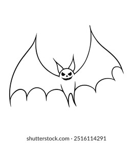 Sinister laughing Halloween flying bat illustration in line art style. Graphic monochrome drawing. Hand drawn outline sketch, engraved doodle illustration. For coloring book, invitation, decoration.