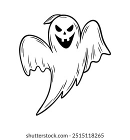 Sinister laughing Halloween ghost illustration in line art style. Graphic monochrome drawing. Hand drawn outline sketch, engraved doodle illustration. For coloring book, invitation, decoration.