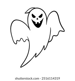 Sinister laughing Halloween ghost illustration in line art style. Graphic monochrome drawing. Hand drawn outline sketch, engraved doodle illustration. For coloring book, invitation, decoration.