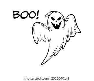 Sinister laughing Halloween ghost illustration in line art style. Graphic monochrome drawing. Hand drawn outline sketch, engraved doodle illustration. For coloring book, invitation, decoration.