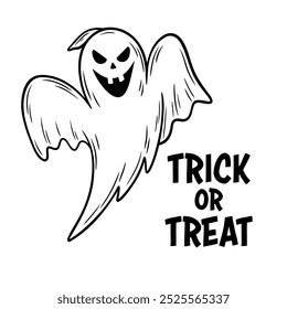 Sinister laughing Halloween ghost illustration in line art style and Trick or Treat text. Graphic monochrome drawing. Hand drawn outline sketch, engraved doodle illustration. For coloring, invitation