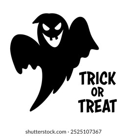 Sinister laughing Halloween ghost silhouette illustration and Trick or Treat text. Graphic monochrome drawing. Hand drawn outline sketch, engraved doodle illustration. For Halloween party invitation