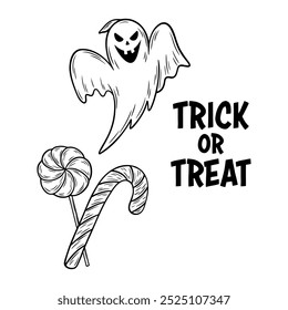 Sinister laughing Halloween ghost and Trick or Treat sweets. Graphic monochrome drawing. Hand drawn outline sketch, engraved doodle illustration. For coloring book, invitation, decoration