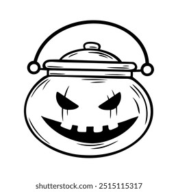 Sinister laughing Halloween potion cauldron illustration in line art style. Graphic monochrome drawing. Hand drawn outline sketch, engraved doodle illustration. For coloring, invitation, decoration.