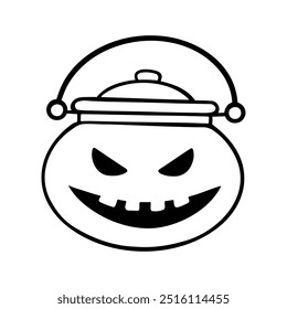 Sinister laughing Halloween potion cauldron illustration in line art style. Graphic monochrome drawing. Hand drawn outline sketch, engraved doodle illustration. For coloring, invitation, decoration.