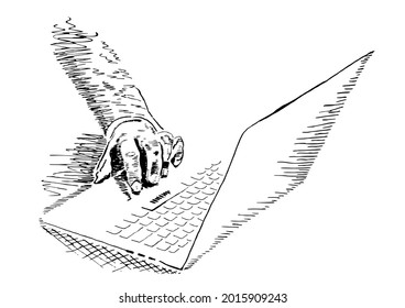 Sinister (left) Hacker’s Hand On Laptop Computer. Conceptual Hand Drawing On Such Matters As Data Security, Preventing Computer Crime, Trolling Or Cyberbullying.